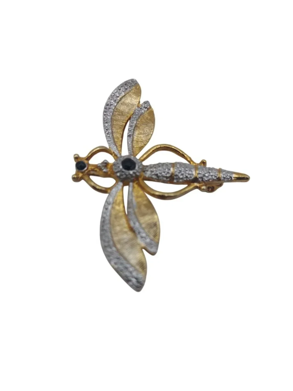 Dragonfly Brooch Pin Gold Tone Black & Silver Accents Bug Insect Art Vintage